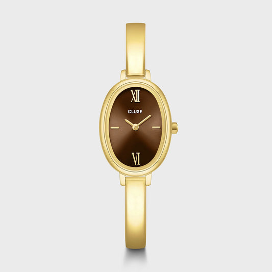 Cluse L'Ovale gold and brown watch with a round face and elegant design, featuring a brown leather strap and gold-tone details.