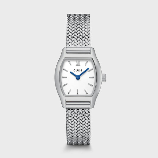 Silver CLUSE Tonnette Mini Mesh watch with a sleek round dial and mesh strap, showcased in a frontal view.