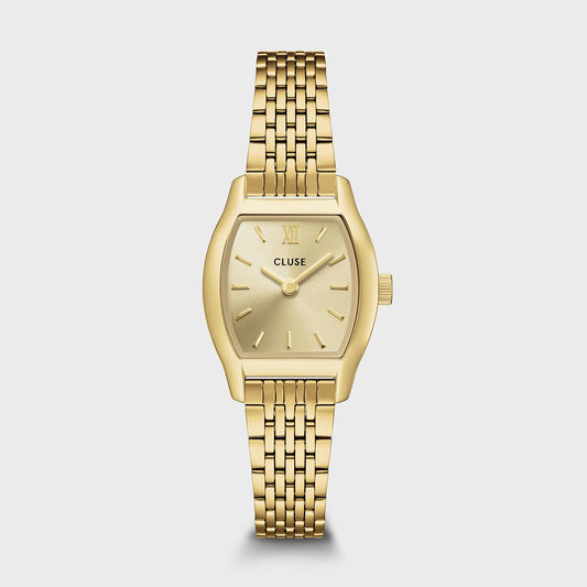 Cluse Tonnette Mini gold watch with round face and minimalist design, featuring a sleek gold-tone strap and elegant dial.