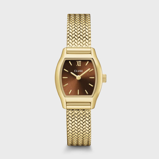 CLUSE Tonnette Mini Mesh Gold and Brown watch with a sleek round face and mesh strap, showcasing elegant design.