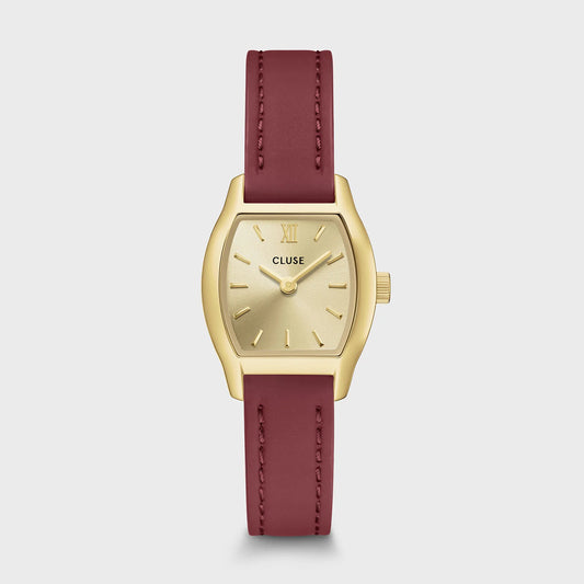 Cluse Tonnette Mini leather watch with gold case and red strap, showing a frontal view of the watch face and band.