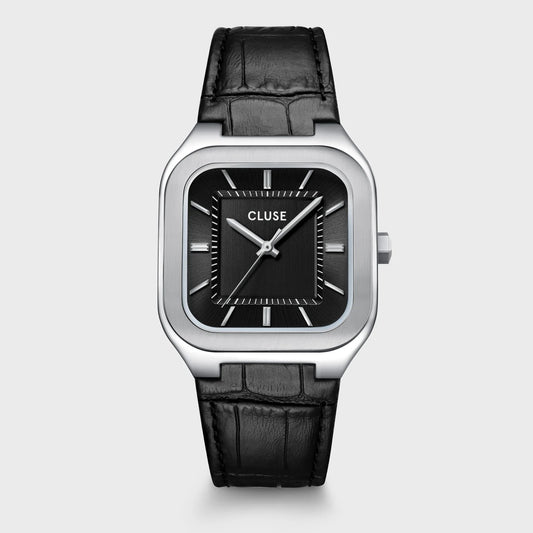 CLUSE Quadrus Leather Silver/Black - John Ross Jewellers