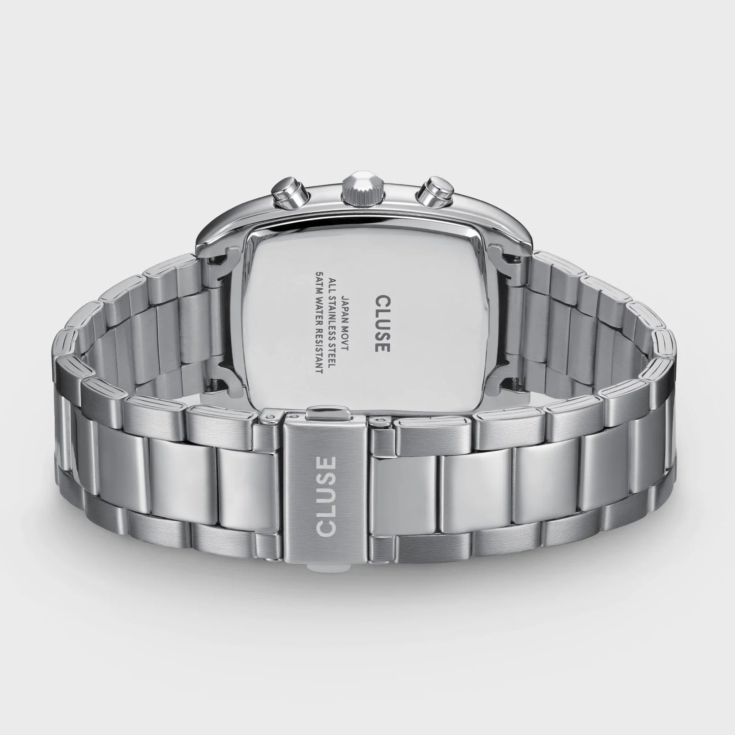 Back view of CLUSE Quartaut Chrono Steel watch with silver case and blue dial, showcasing the time and chronograph features.