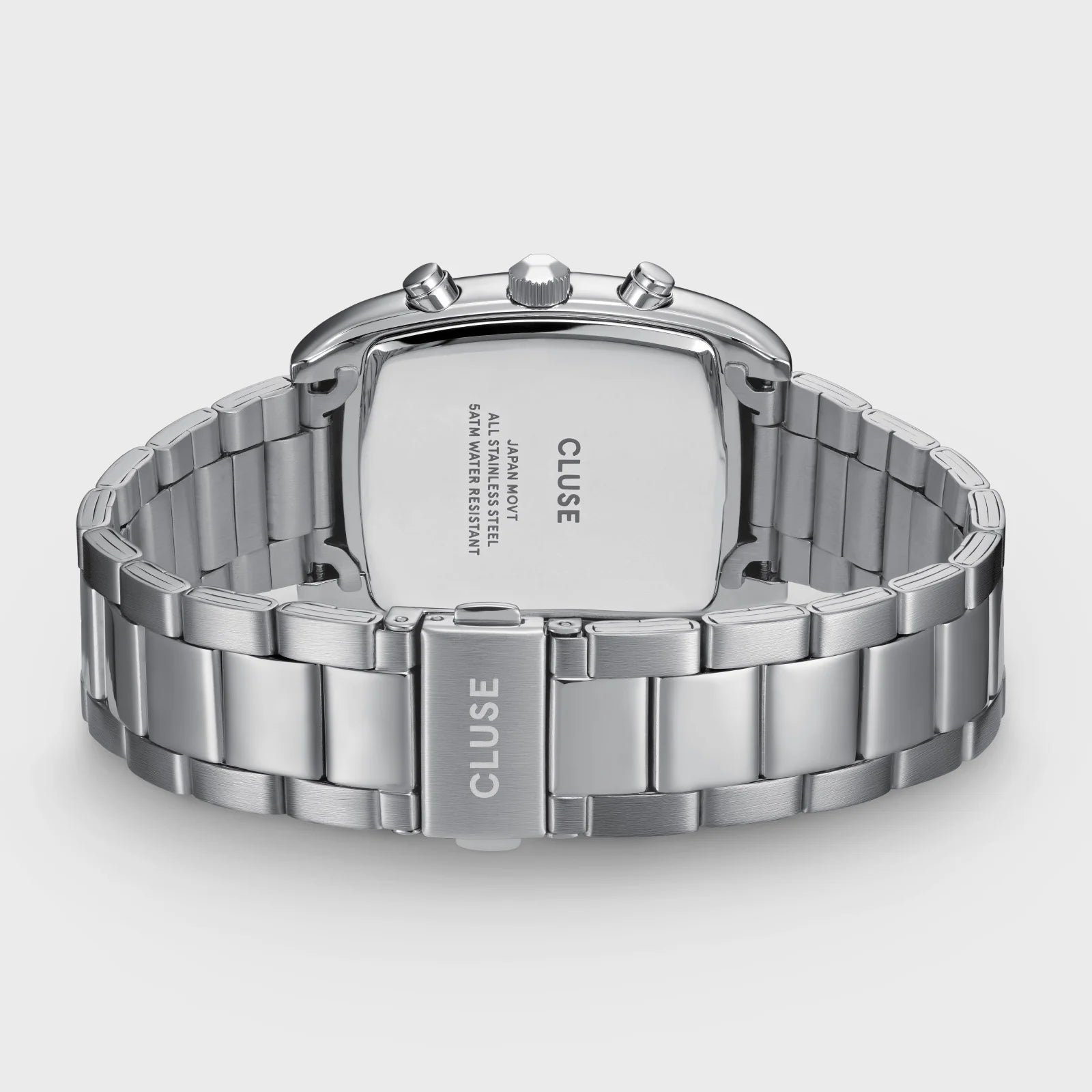 Back view of CLUSE Quartaut Chrono Steel watch with silver case and blue dial, showcasing the time and chronograph features.