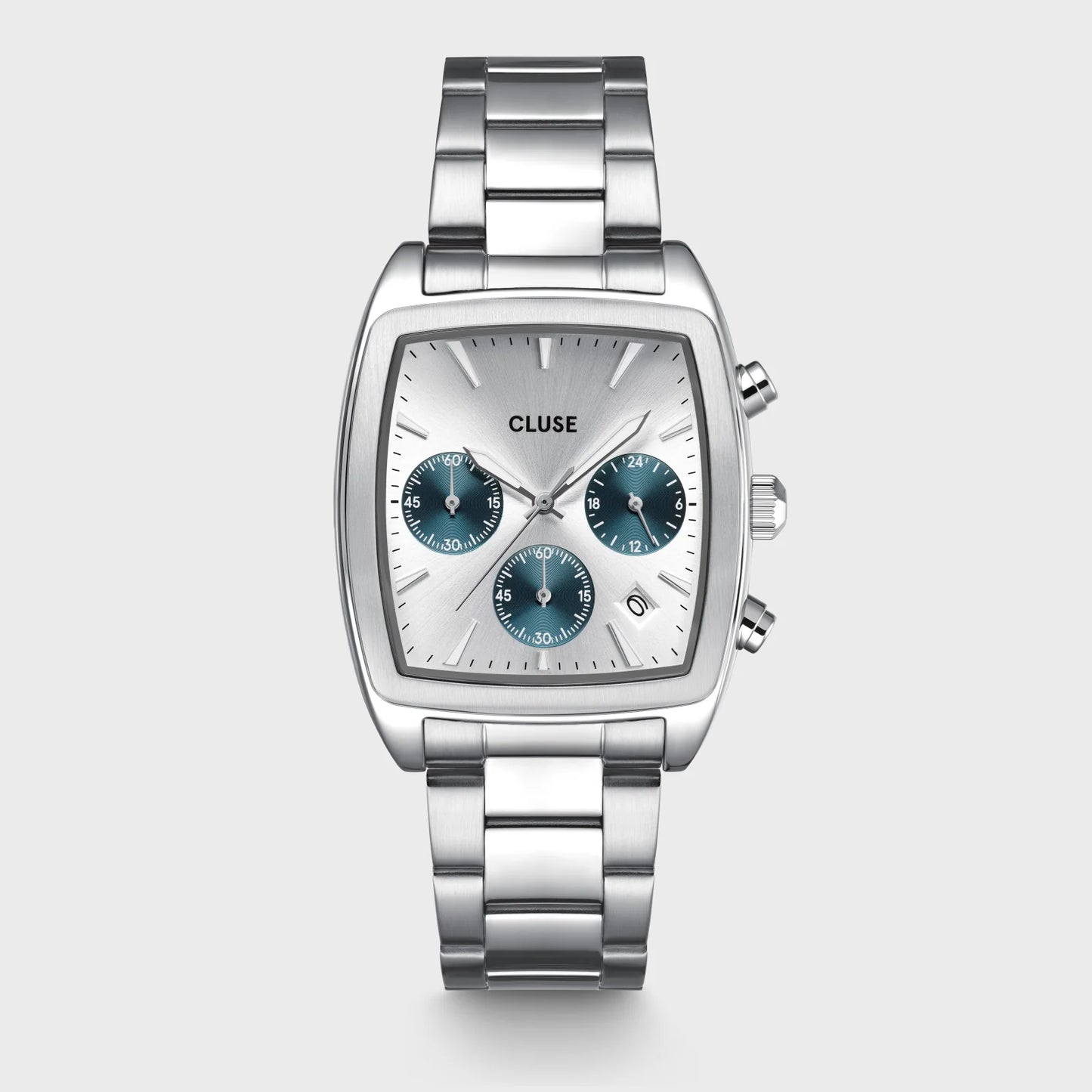 Silver and blue CLUSE Quartaut Chrono steel watch with a round face and silver bracelet, front view showing detailed dial and design.