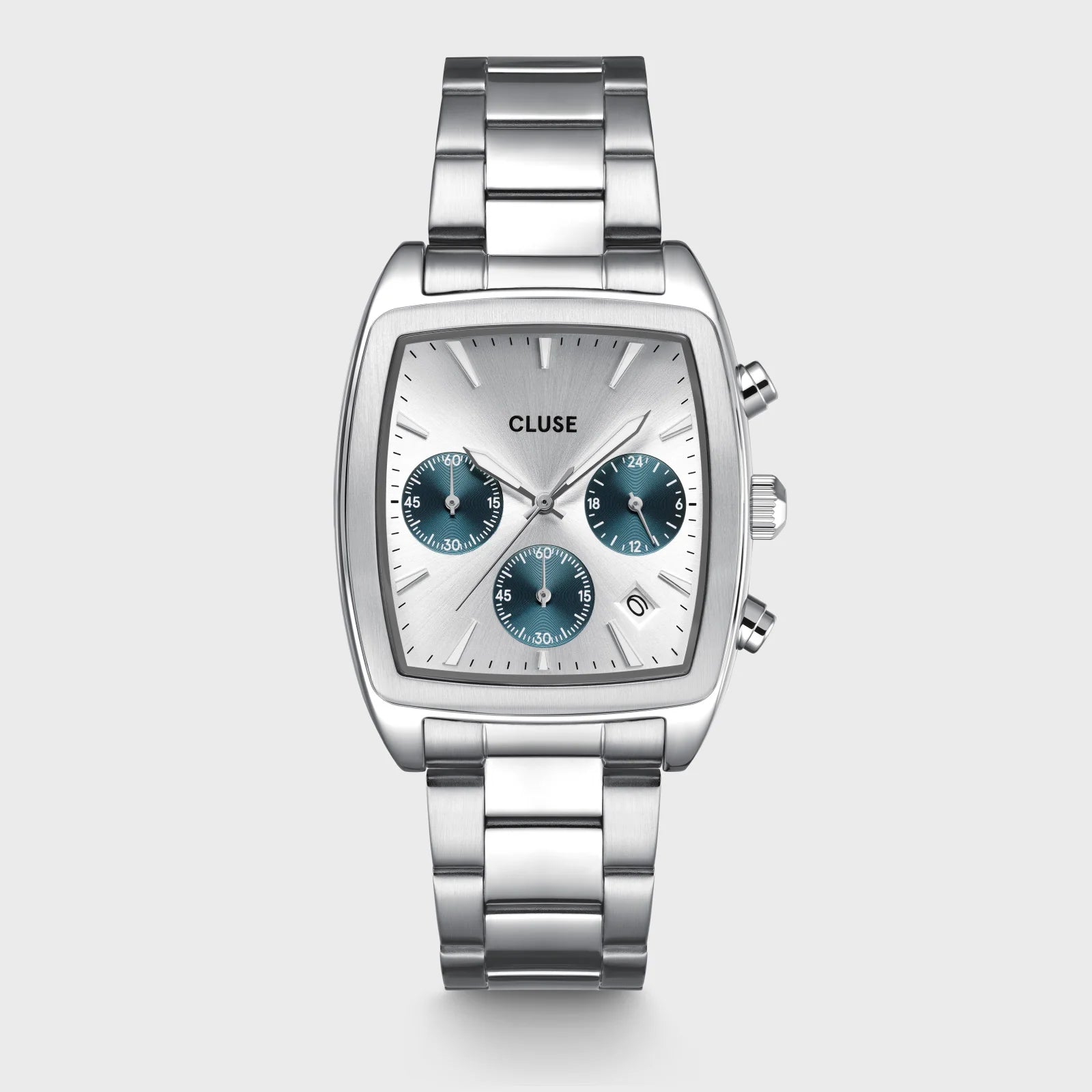 Silver and blue CLUSE Quartaut Chrono steel watch with a round face and silver bracelet, front view showing detailed dial and design.