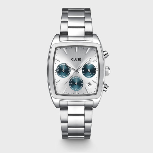 Silver and blue CLUSE Quartaut Chrono steel watch with a round face and silver bracelet, front view showing detailed dial and design.