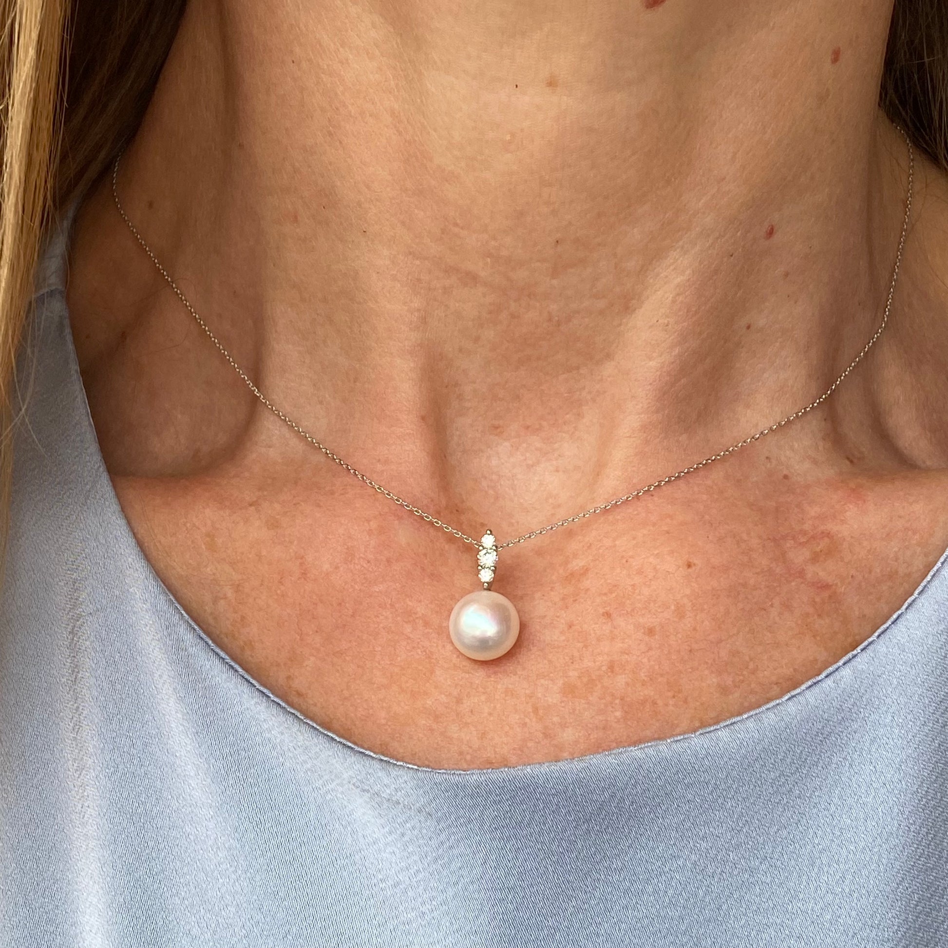 9ct White Gold Freshwater Pearl & CZ Pendant Necklace - John Ross Jewellers