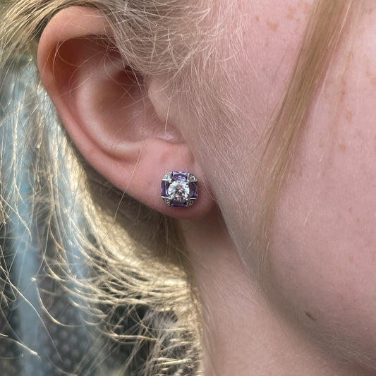 Silver Amethyst & CZ Cube Stud Earrings | C Flawless