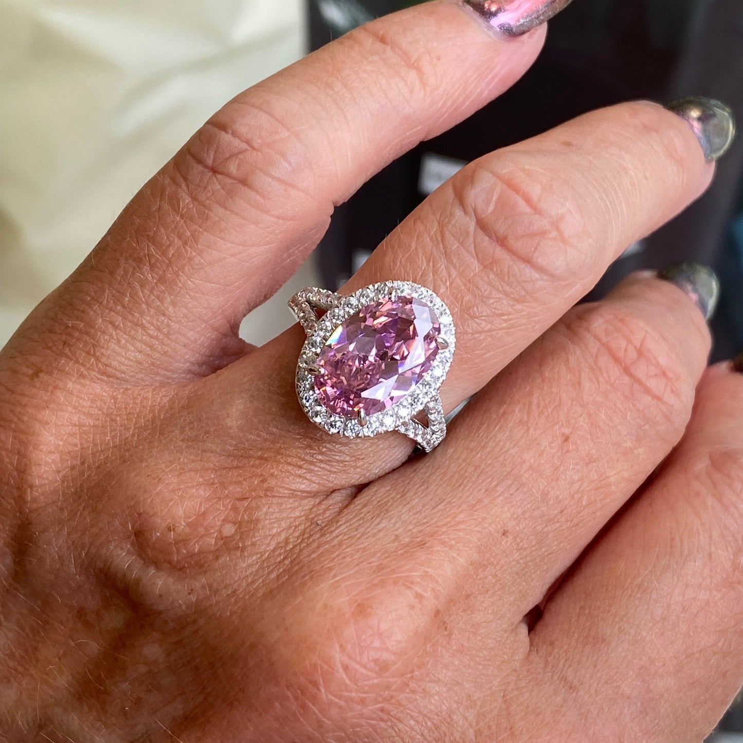 Silver Statement Oval Solitaire Ring | Baby Pink