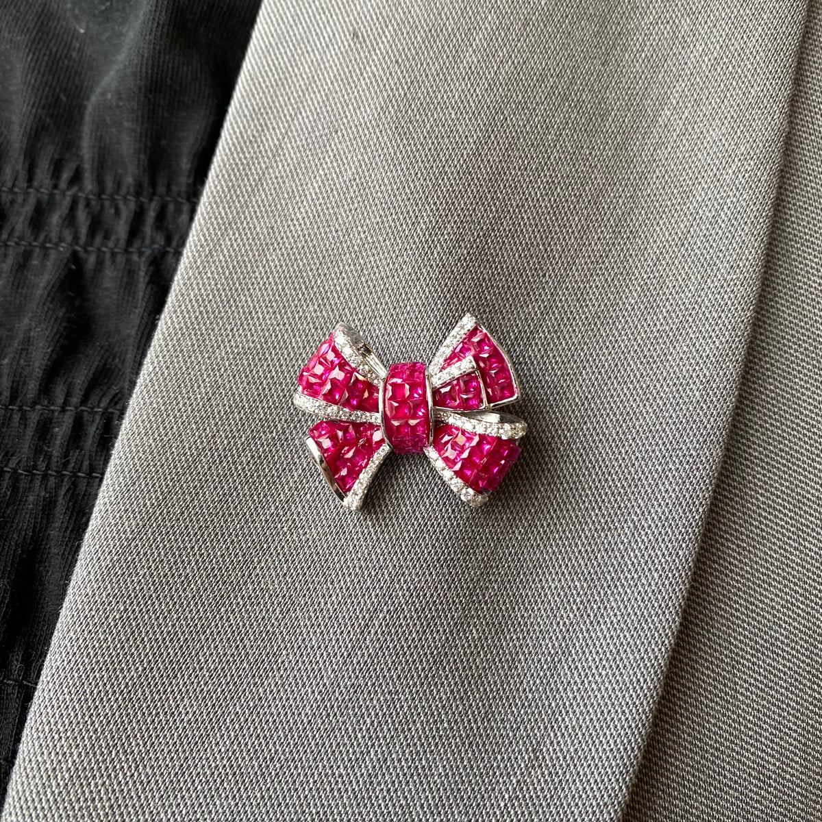 Silver Darling Ribbon CZ Brooch | Ruby Red