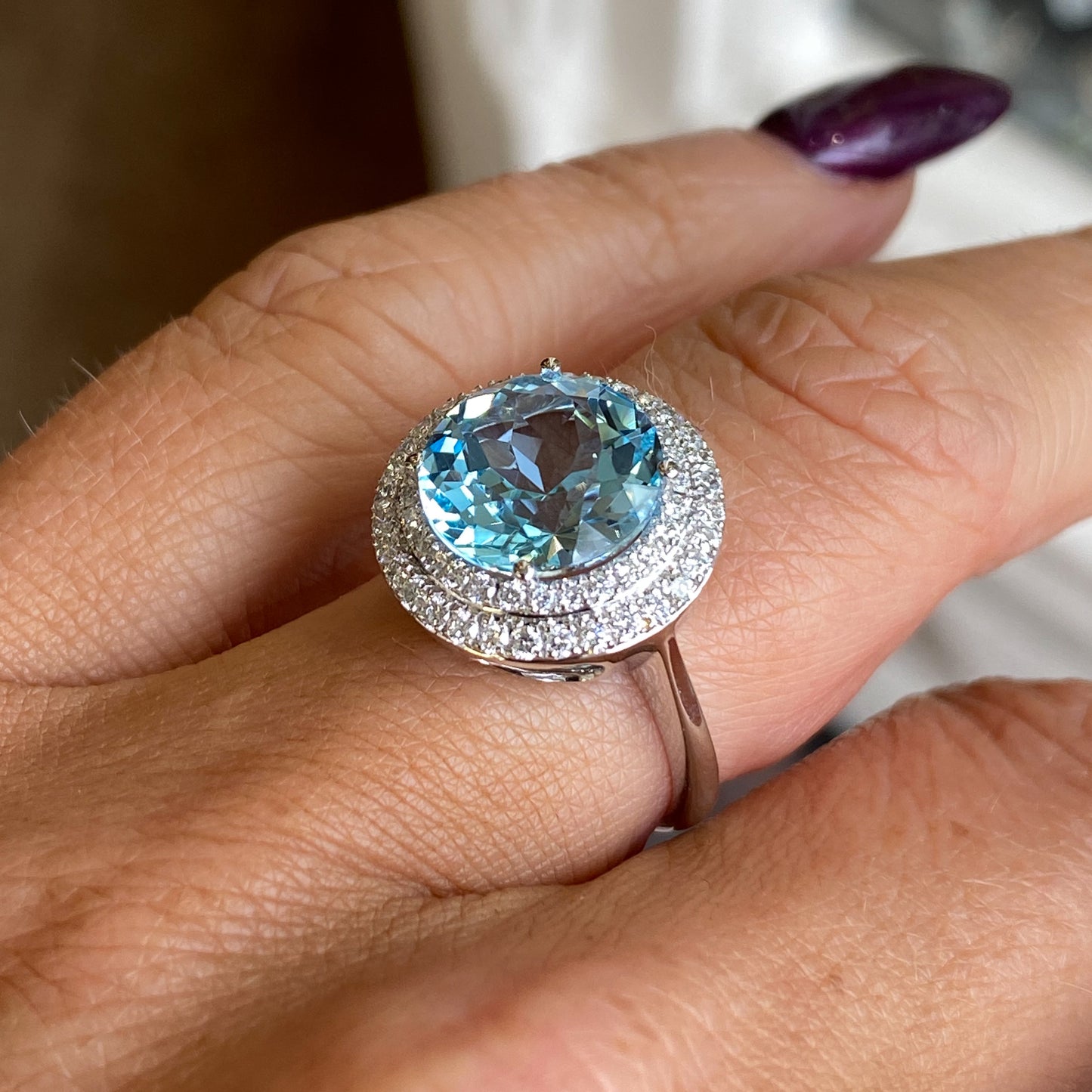 18ct White Gold Blue Topaz & Diamond Statement Ring