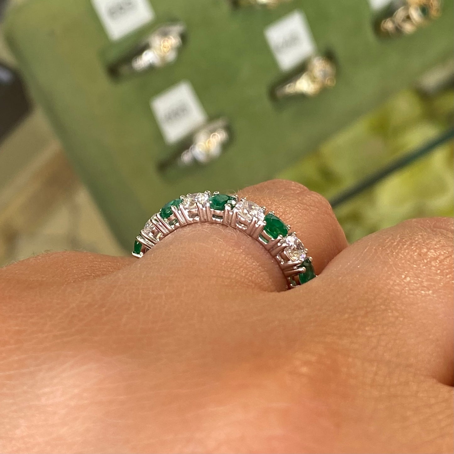 18ct Gold Nine Stone Emerald & Diamond Eternity Ring
