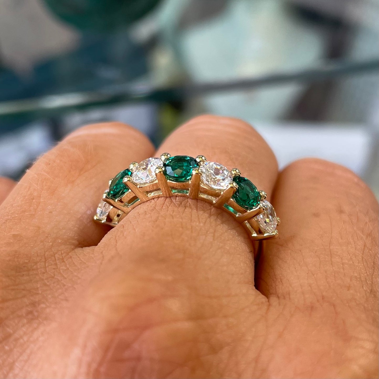 9ct Gold Green & White CZ Seven Stone Eternity Ring