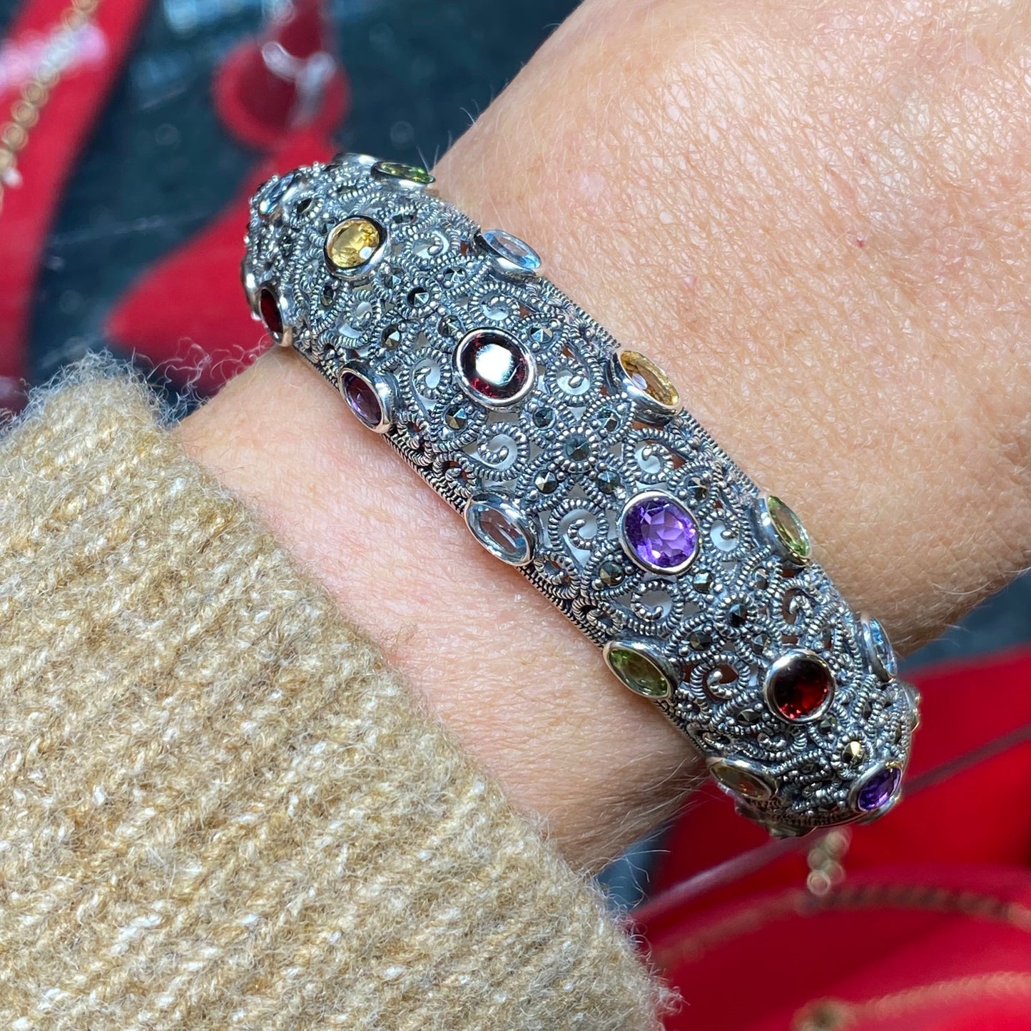 Silver Marcasite & Gemstone Bangle