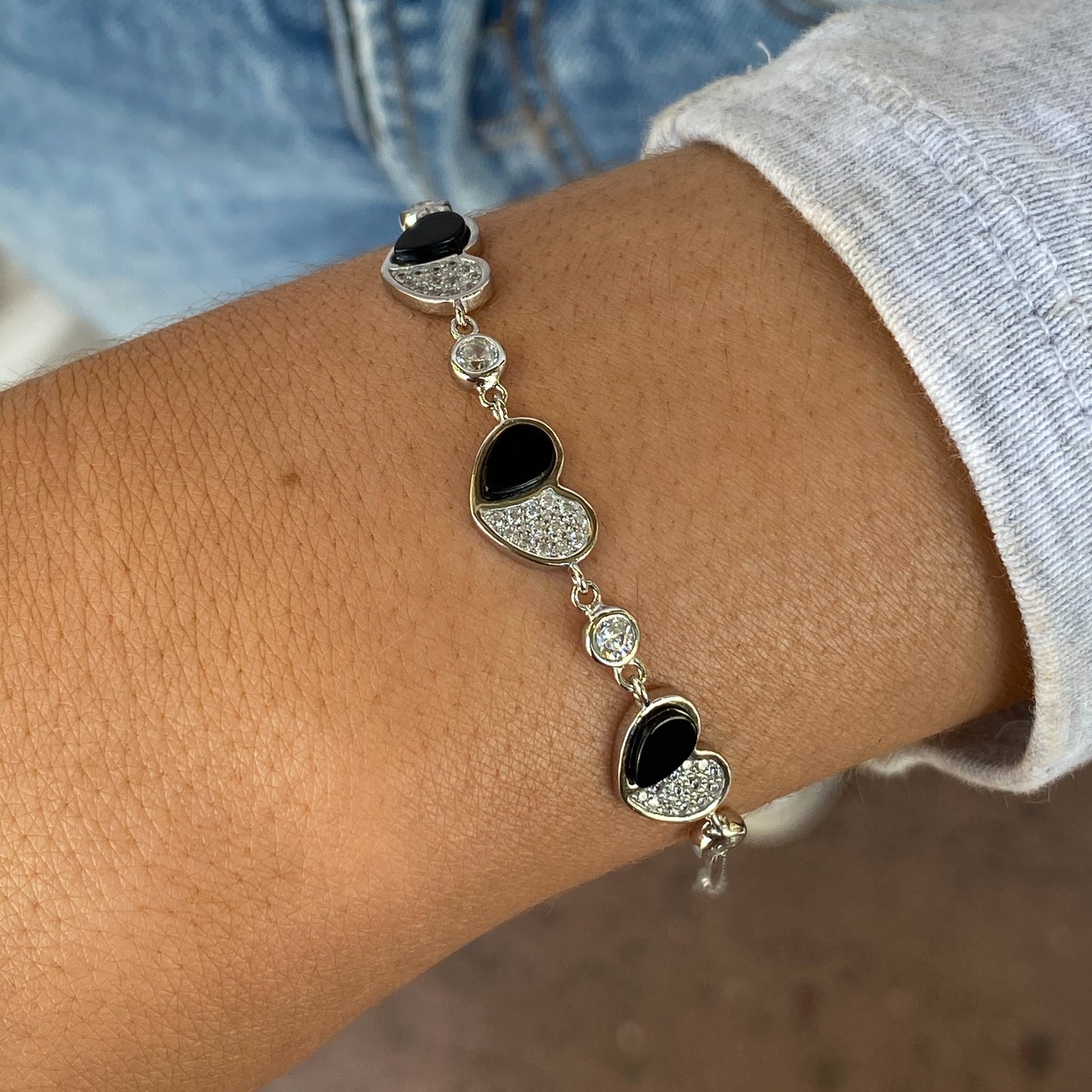 Silver CZ Bracelet | Onyx Hearts