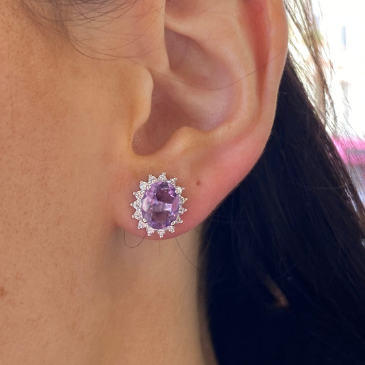 Silver Amethyst and CZ Diana stud earrings by Comero featuring sparkling gemstones and elegant silver settings.