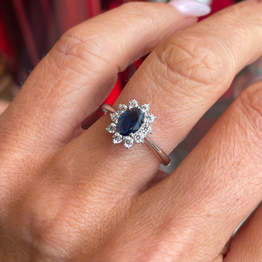 Silver Oval CZ Diana Ring | Sapphire Blue