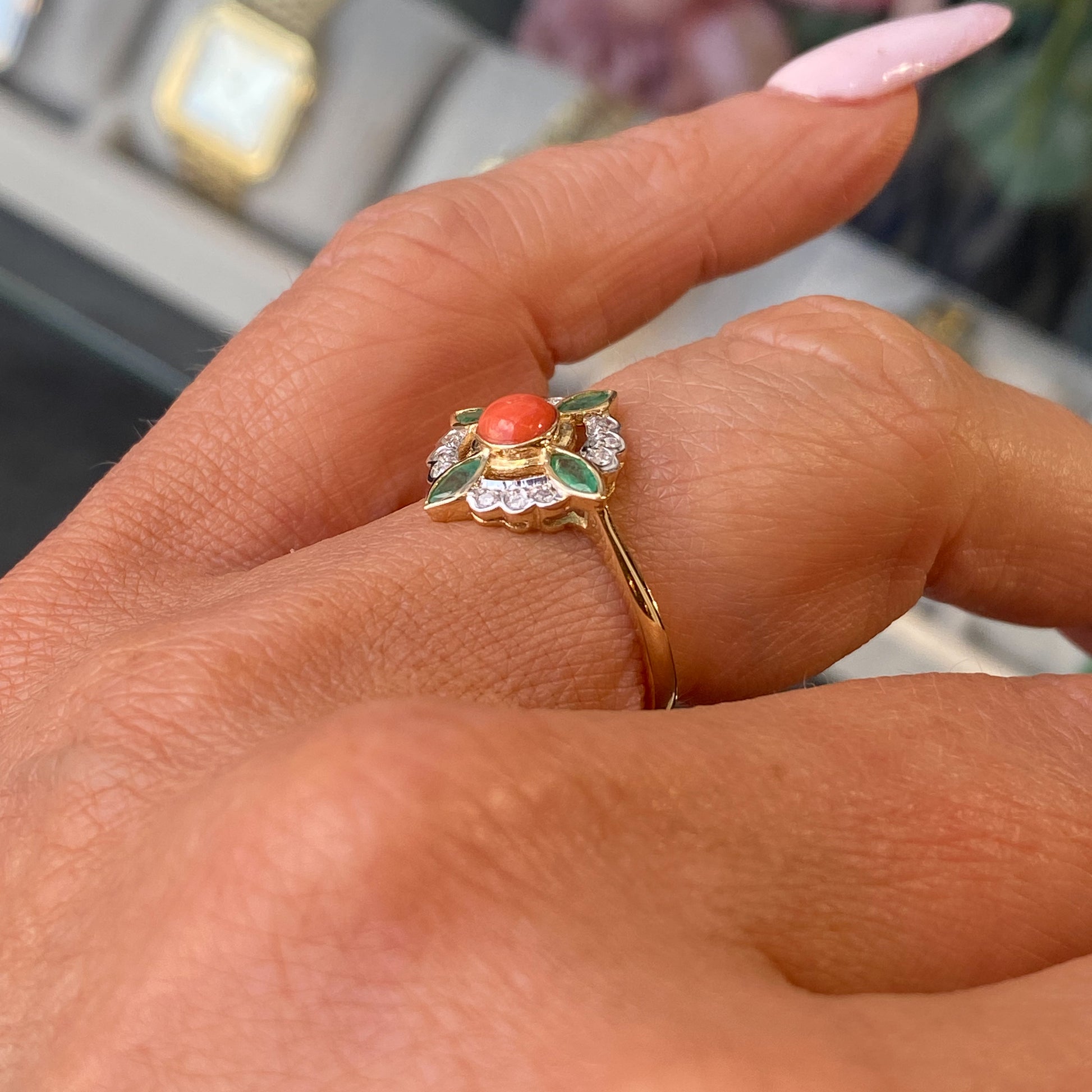 9ct Gold Red Coral, Emerald & Diamond Ring - John Ross Jewellers