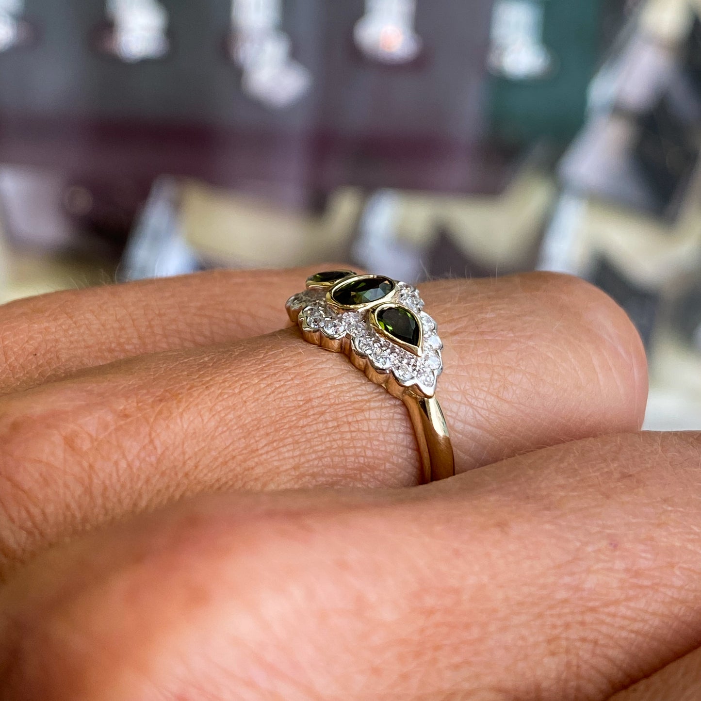 9ct Gold Green Tourmaline & Diamond Trilogy Ring