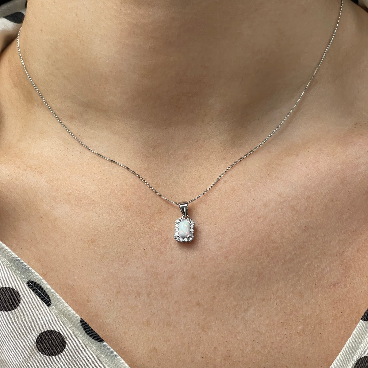 Silver Opalique & CZ Rectangular Earring and Necklace Set