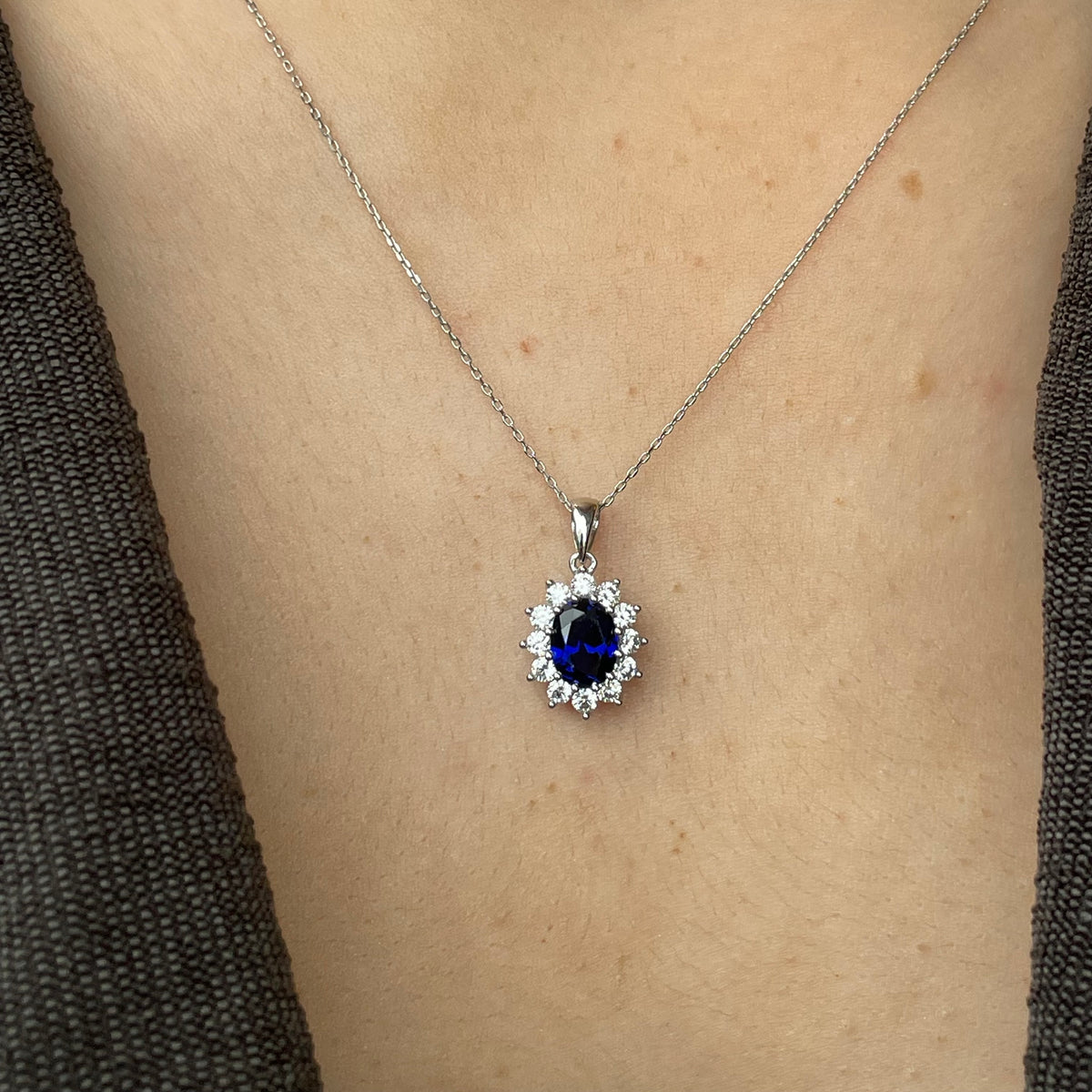 9ct White Gold Created Sapphire & CZ Pendant Necklace