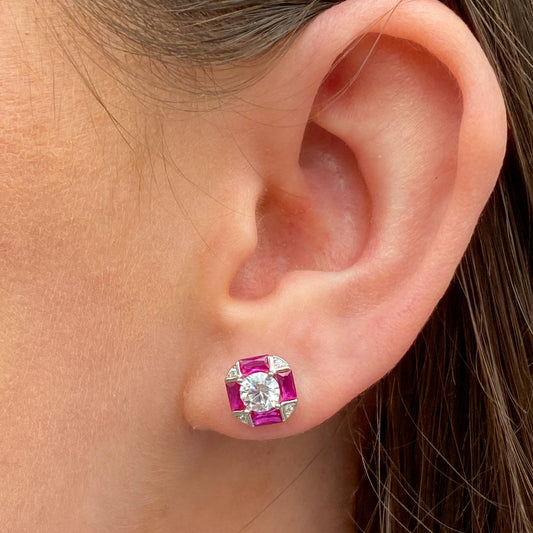 Silver Created Ruby & CZ Cube Stud Earrings | C Flawless - John Ross Jewellers