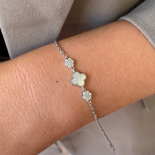 Silver CZ Bracelet | Mother of Pearl Quatrefoil