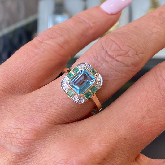 9ct Gold Blue Topaz, Emerald & Diamond Ring