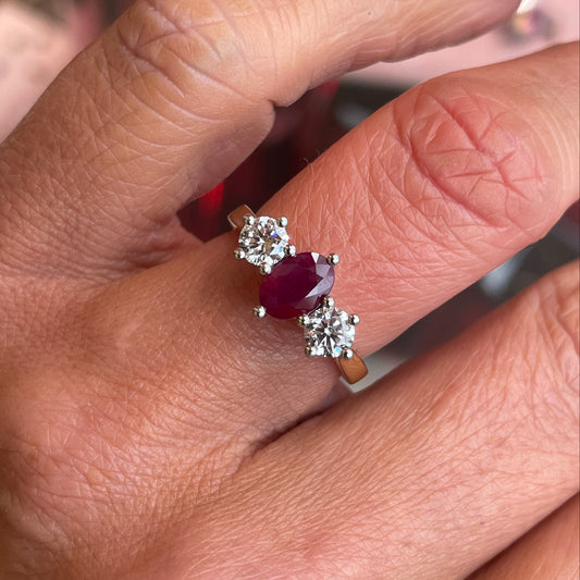 18ct Gold Ruby & Diamond Trilogy Ring