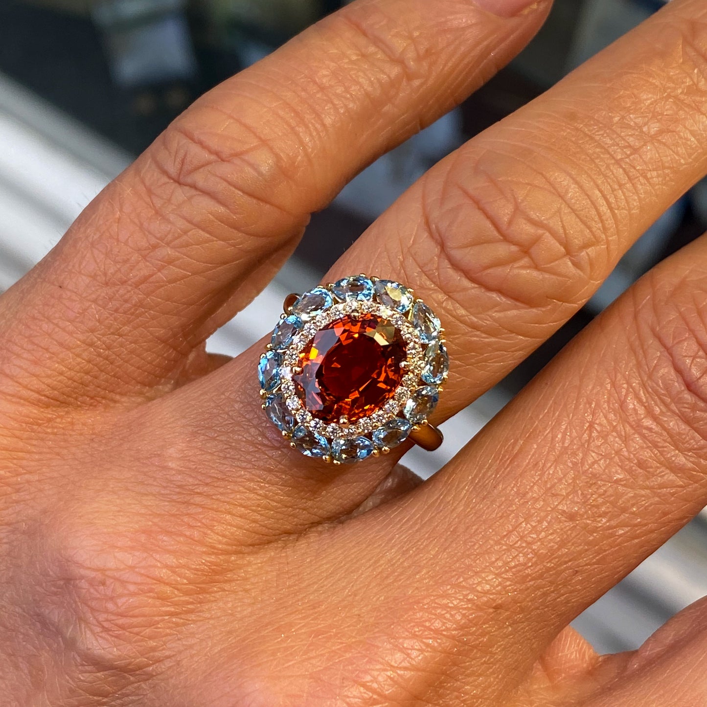 18ct Gold Spessartite Garnet, Aquamarine & Diamond Ring - John Ross Jewellers