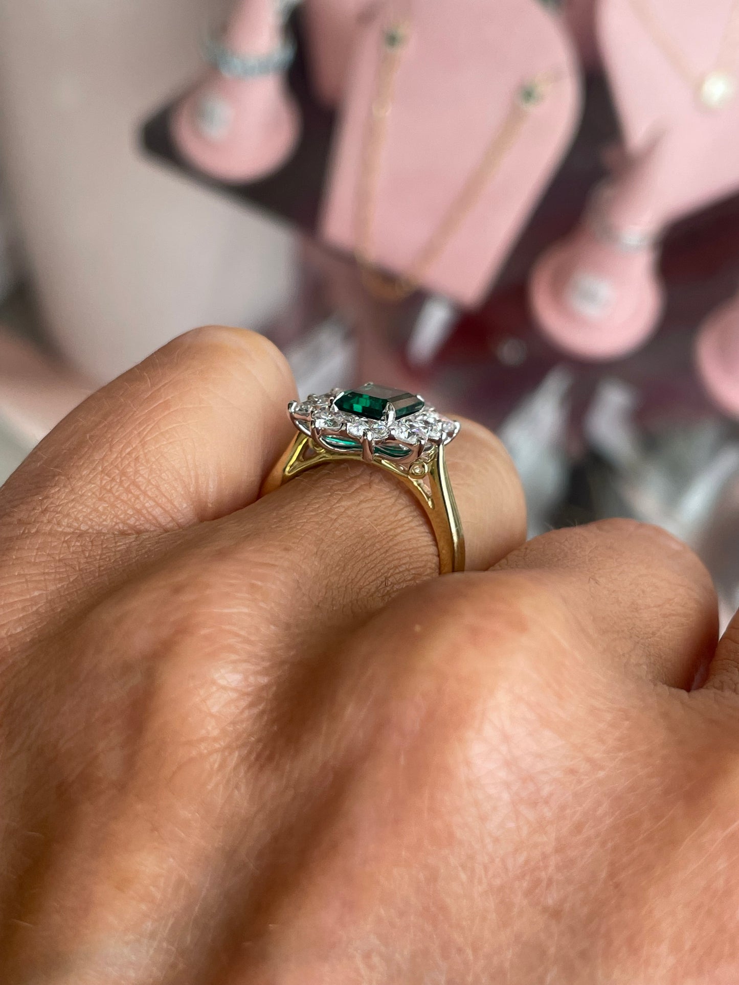 9ct gold lab-grown emerald cluster ring featuring a vibrant green gemstone design by TCA
