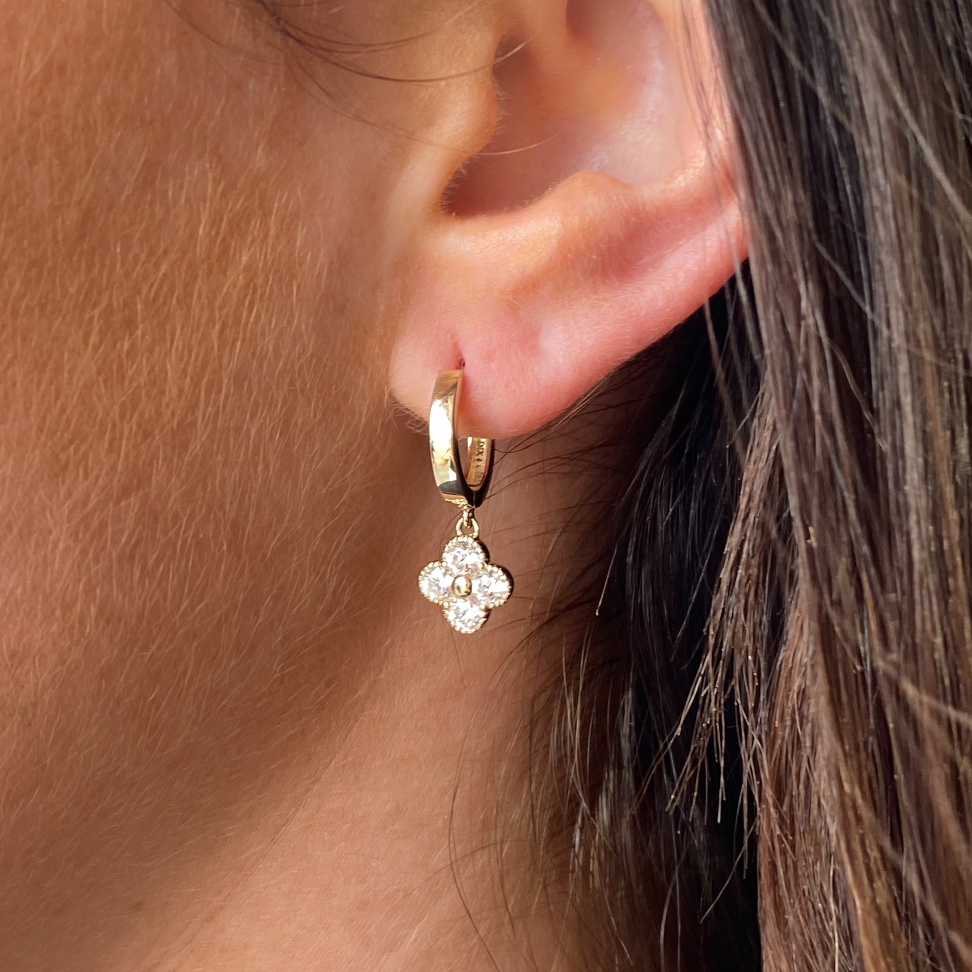 9ct Gold Charming Huggie Hoop Earrings | CZ Quatrefoil - John Ross Jewellers