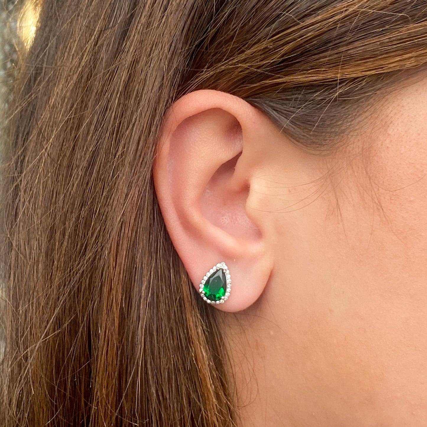 Silver Created Emerald & CZ Pear Stud Earrings - John Ross Jewellers