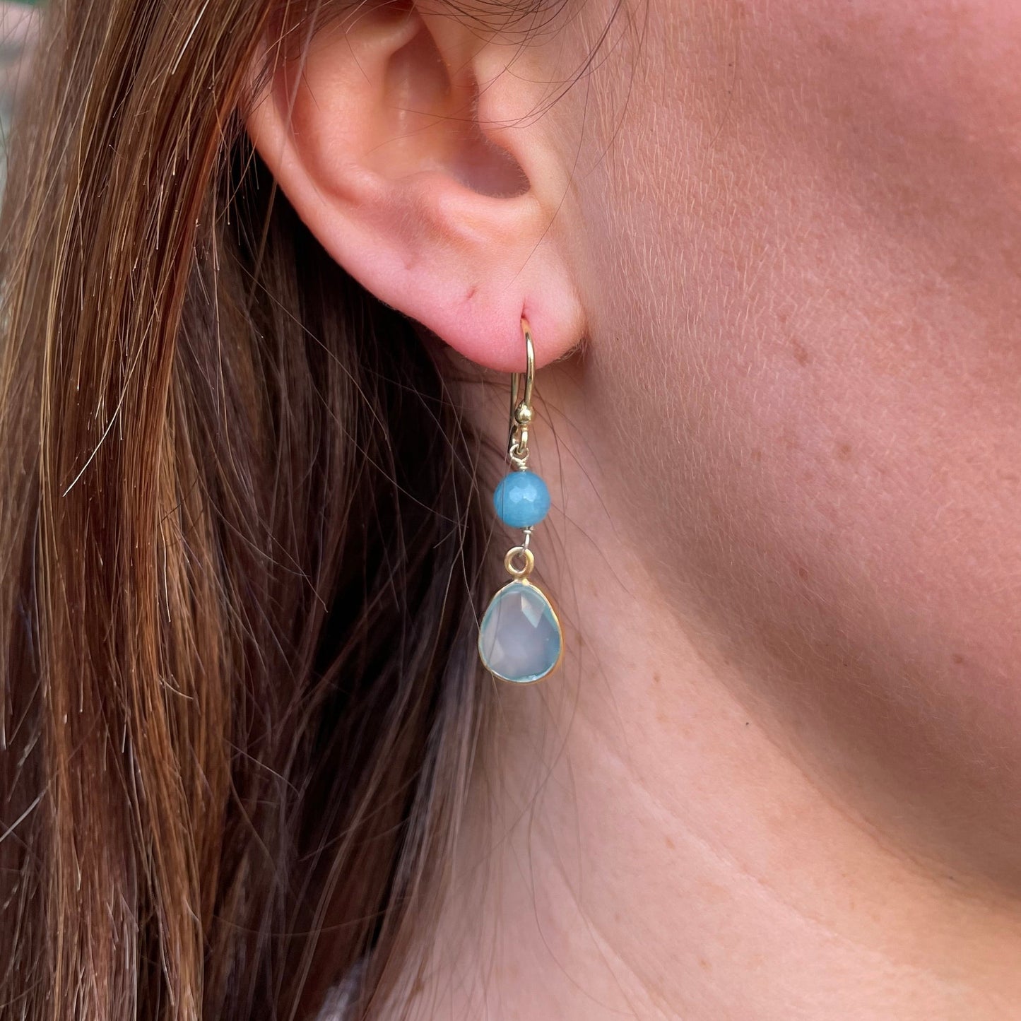 Bruno Silky Aquamarine and Blue Topaz hook drop earrings featuring vibrant gemstones and elegant design.