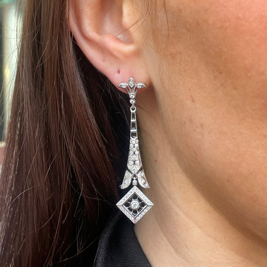 Silver Black CZ Deco Drop Earrings - John Ross Jewellers
