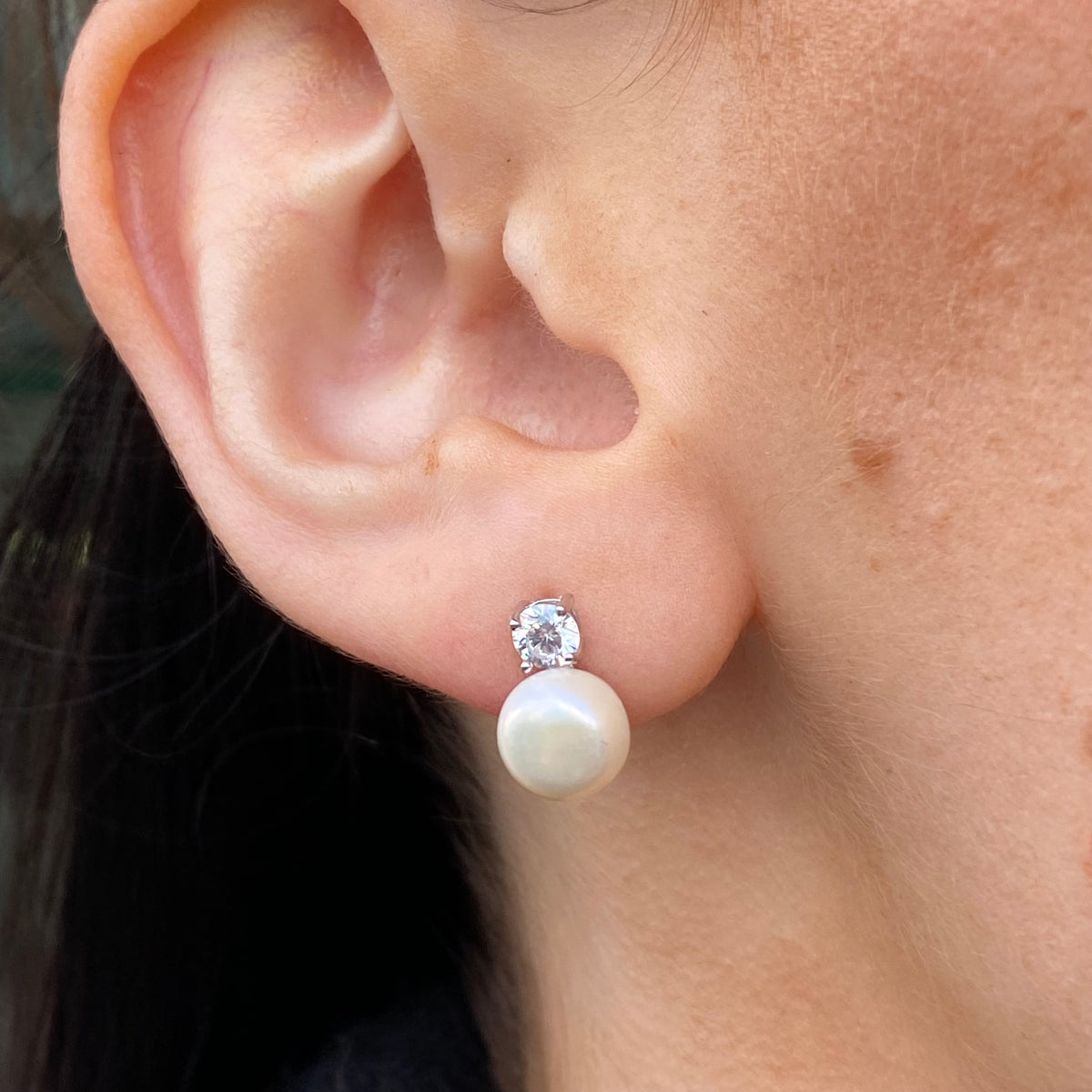 Silver Freshwater Pearl & CZ Stud Earrings