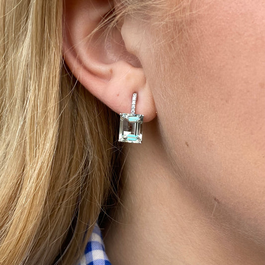 Silver Green Amethyst Emerald Cut Clip Stud Earrings