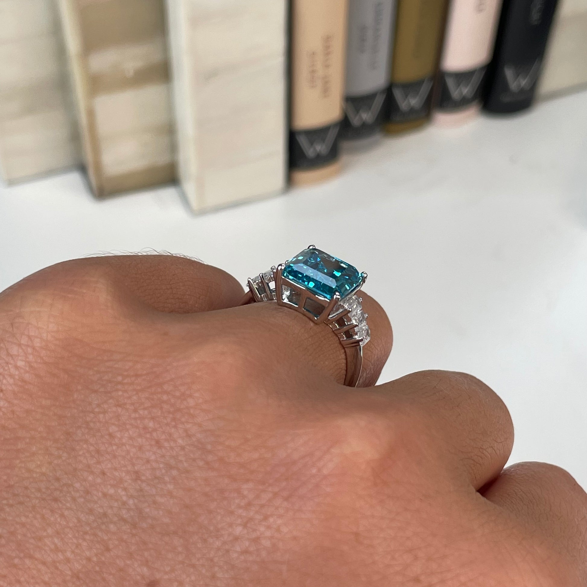 Silver Aqua & Baguette CZ Solitaire Ring - John Ross Jewellers