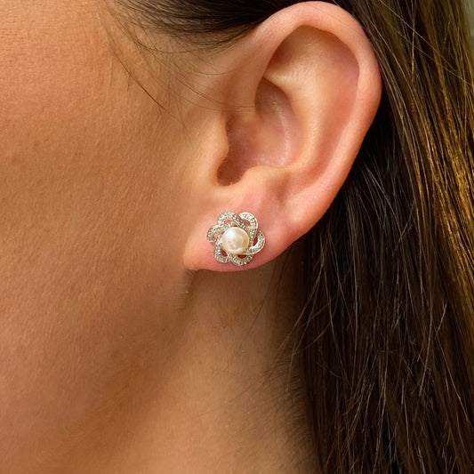 9ct White Gold Freshwater Pearl & Diamond Swirl Stud Earrings - John Ross Jewellers