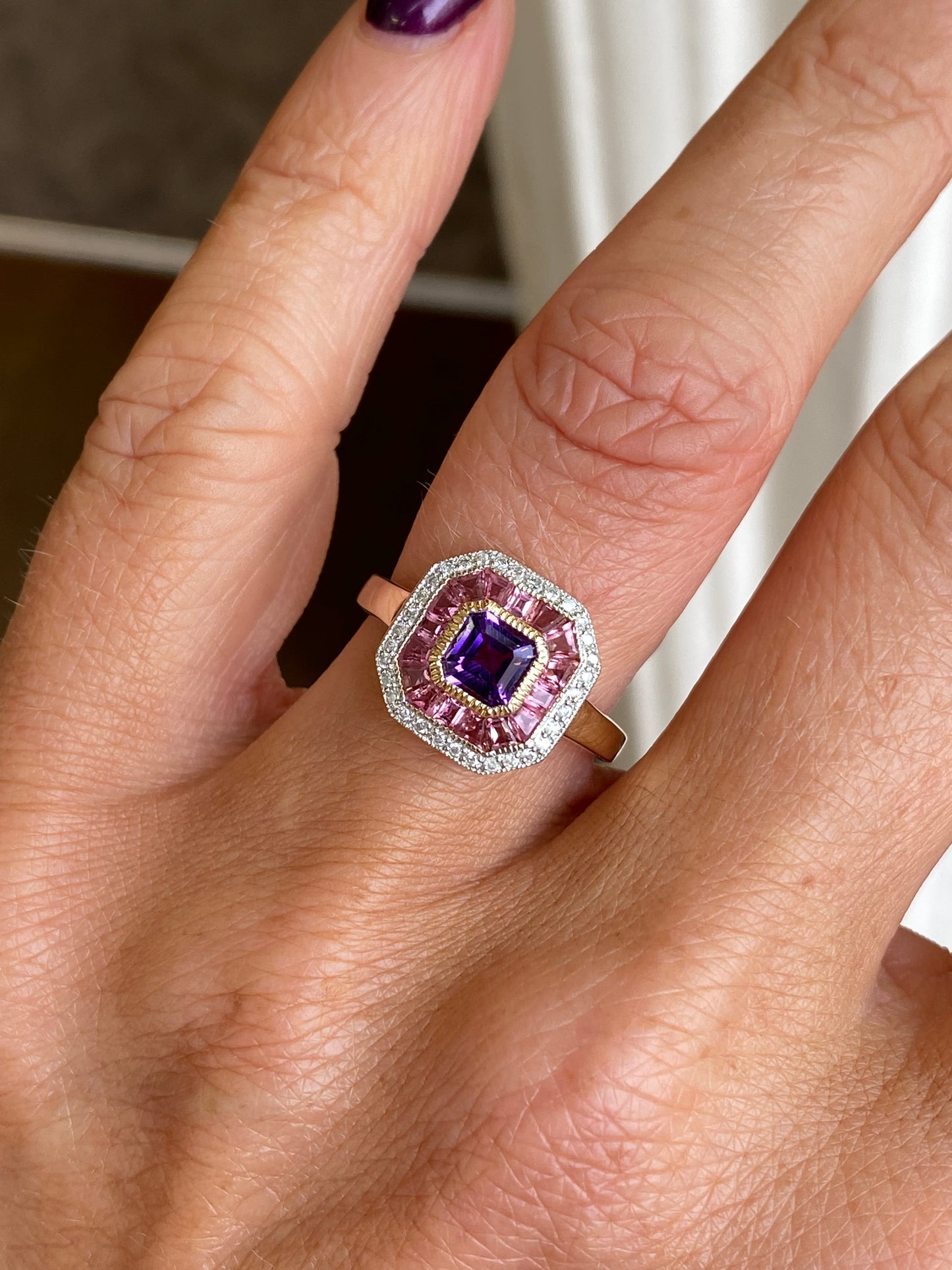 9ct Gold Amethyst, Pink Tourmaline & Diamond Ring