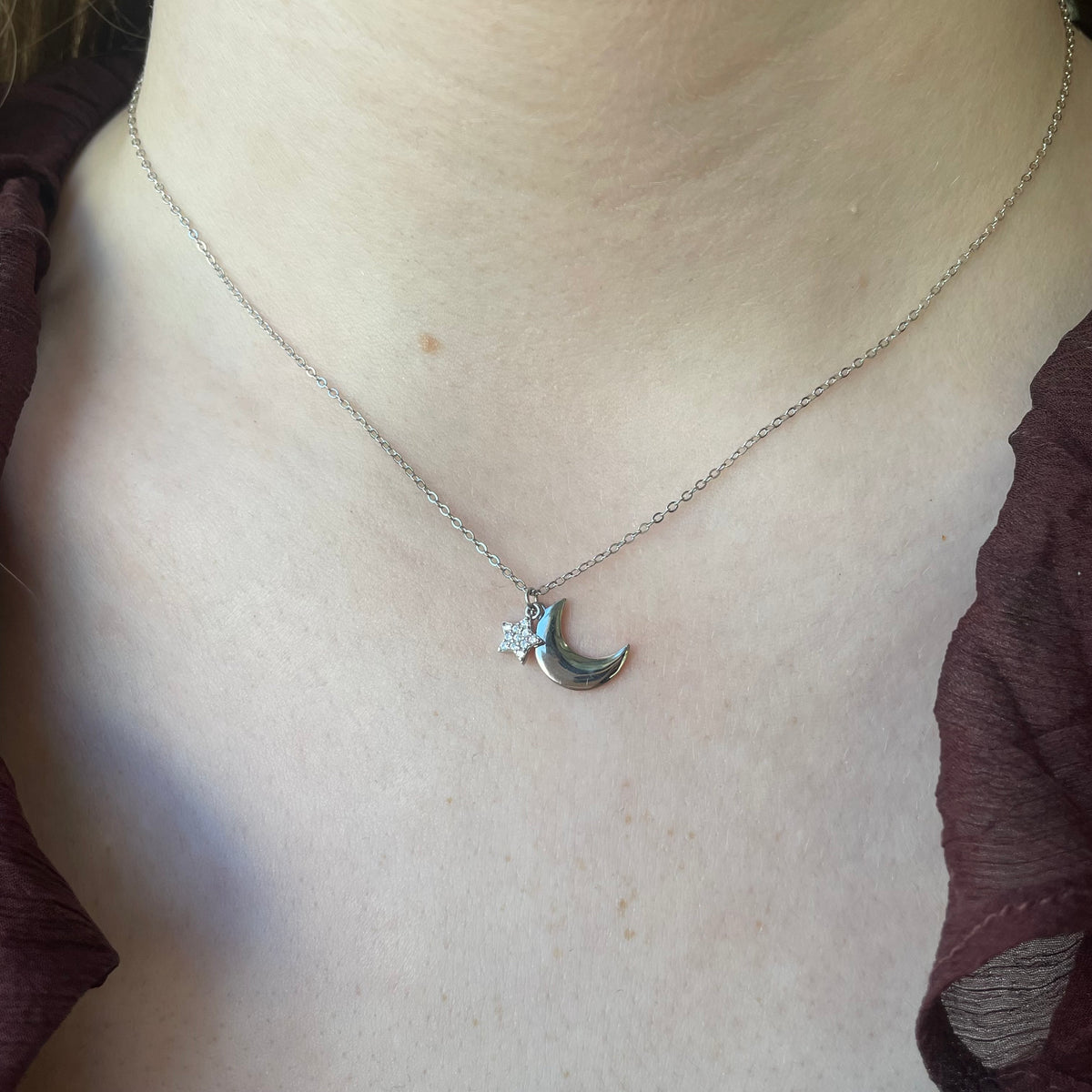 Silver CZ Moon Necklace