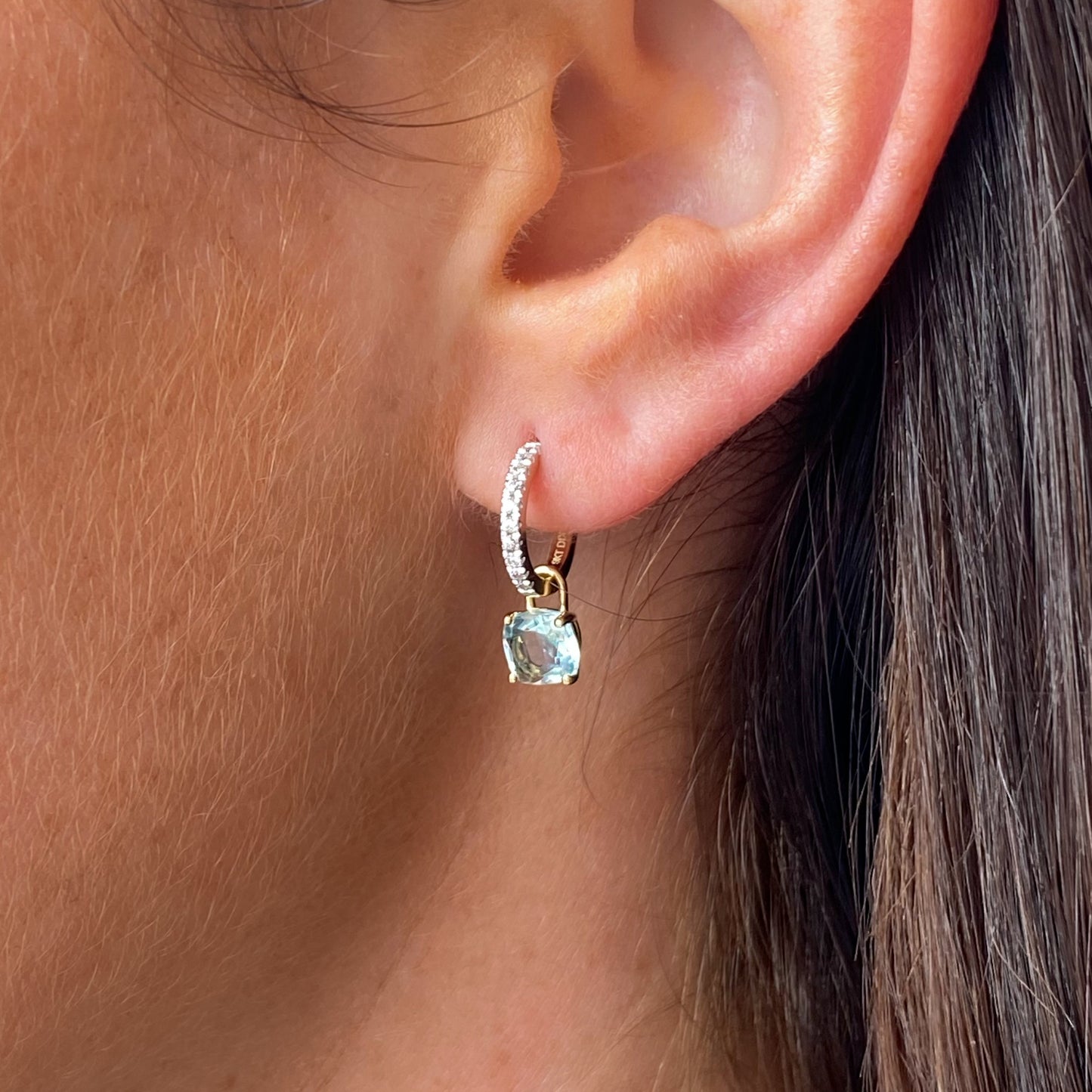 9ct Gold Charming Huggie Hoop Earrings | Blue Topaz Cushion - John Ross Jewellers