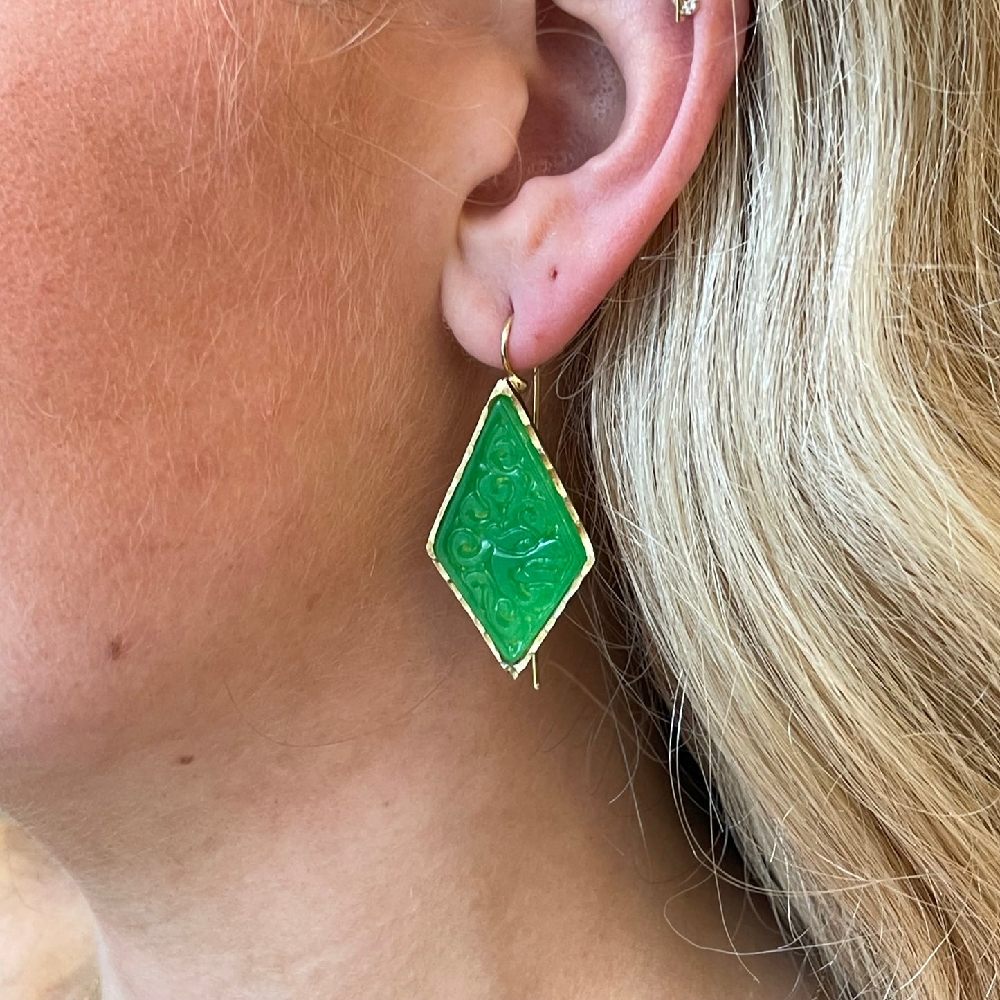 Bruno carved jade kite hook drop earrings featuring intricate jade carvings and silver hooks, elegant jewelry for special occasions.