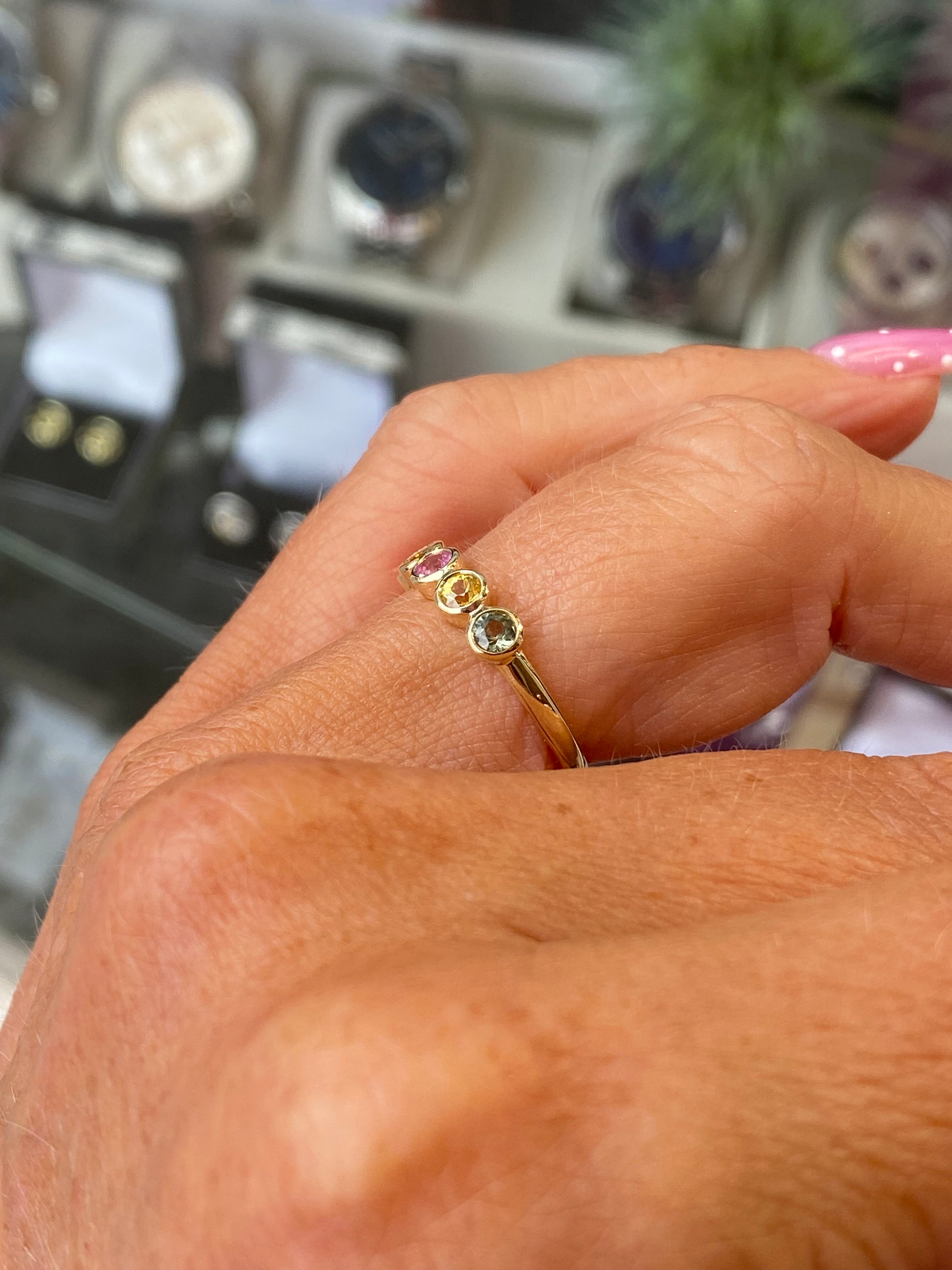 9ct Gold Five Stone Gemstone Ring - Pastel Sapphires - John Ross Jewellers