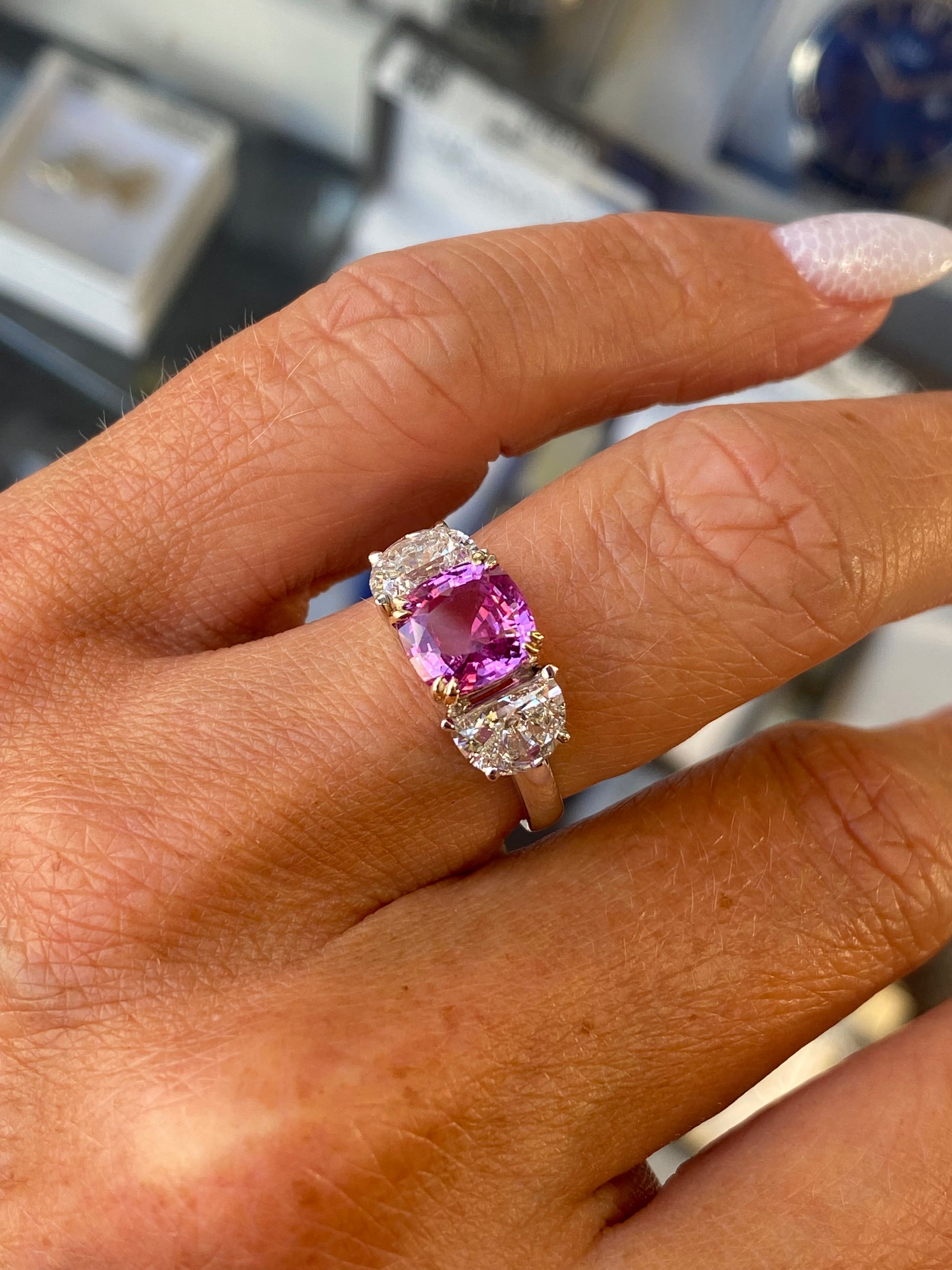 18ct White Gold Pink Sapphire & Half Moon Trilogy Ring | Certificated - John Ross Jewellers