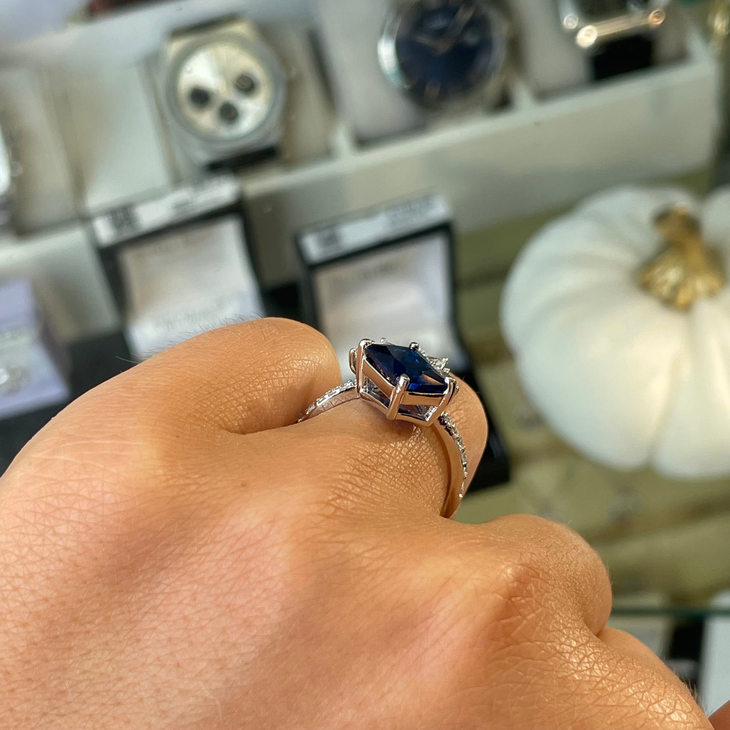 Silver Blue Baguette Tiara Ring - John Ross Jewellers