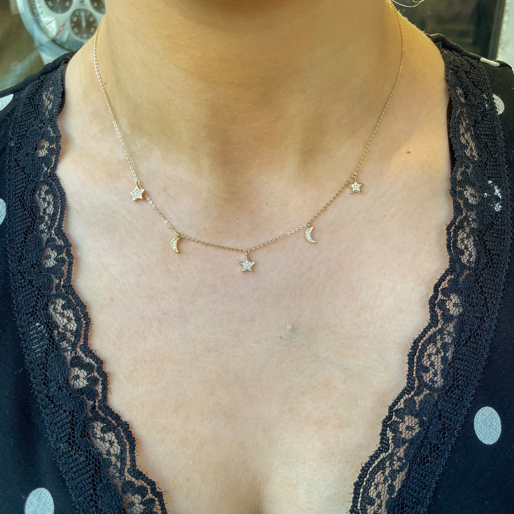 9ct Gold CZ Moon & Star Drops Necklace - John Ross Jewellers