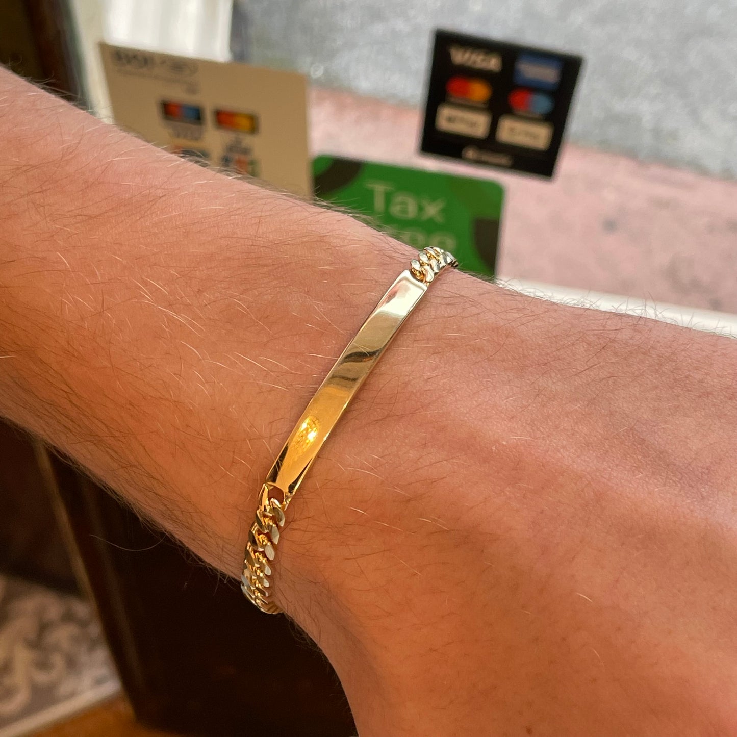 Sunshine Chunky Identity Bracelet by Comero, 19cm, featuring bold, textured design with engraved ID plate on a durable metal chain.