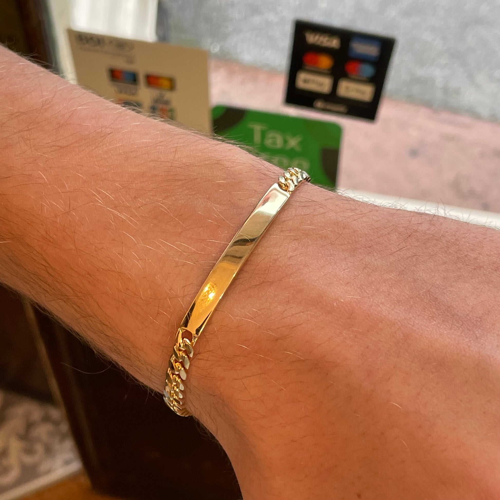 Sunshine Chunky Identity Bracelet by Comero, 19cm, featuring bold, textured design with engraved ID plate on a durable metal chain.